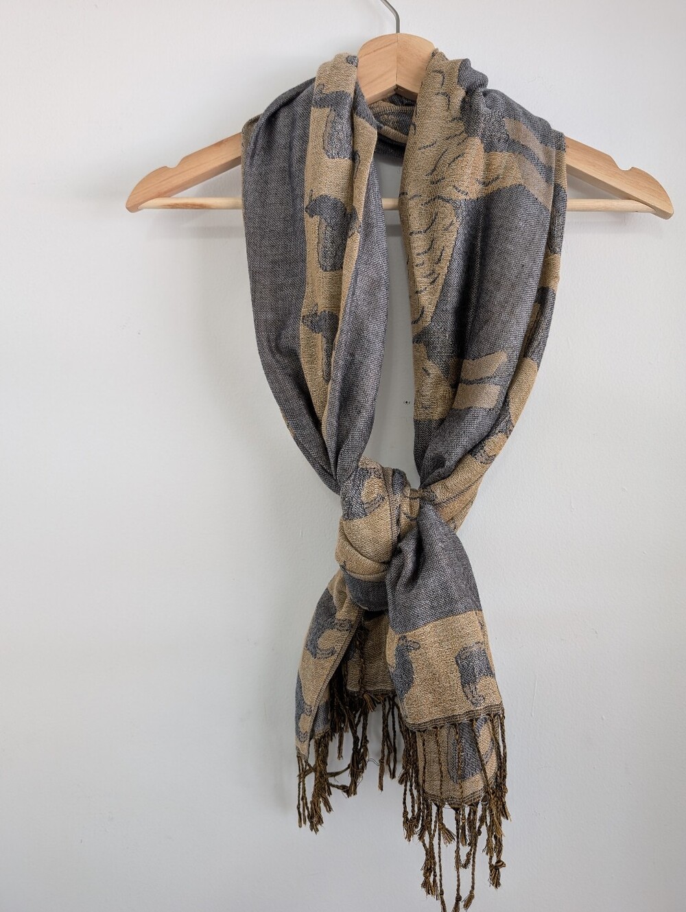 100% Pashmina Scarf Sheep Wool Cashmere Blend Grey Tan Long Wrap Tassels Boho